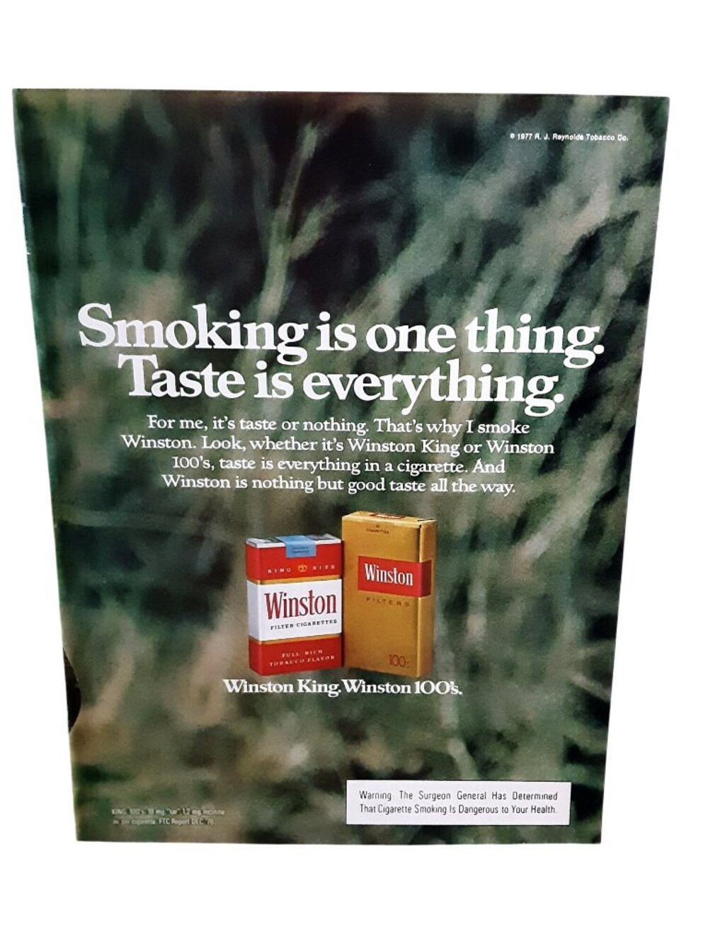 1977 Winston Cigarettes Ad Smoking Is One Thing Taste Is Everything Print